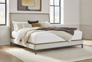 Lit  grand complet en bois brun tissu gris - Tomtyn