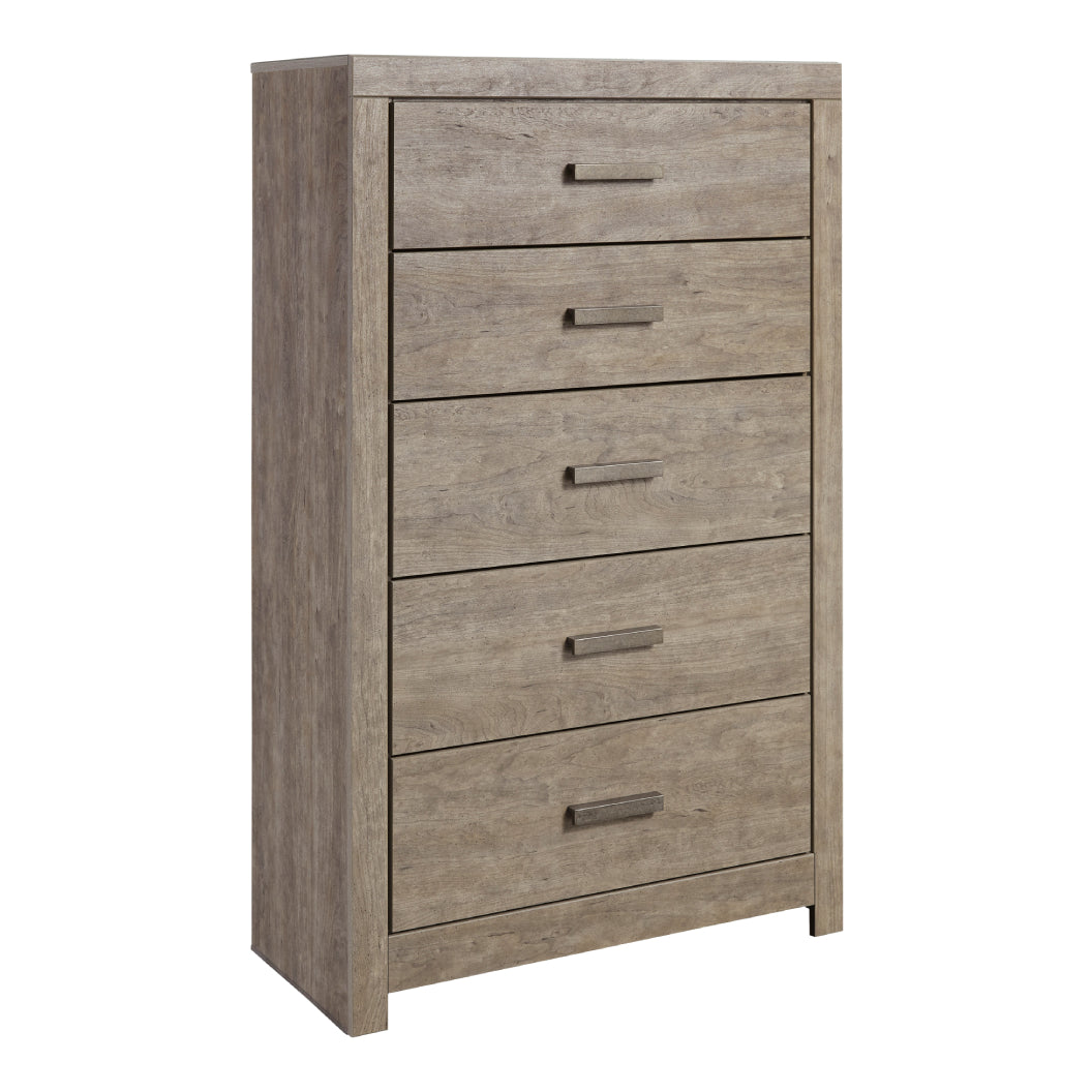 Commode à 5 tiroirs en bois et placage gris