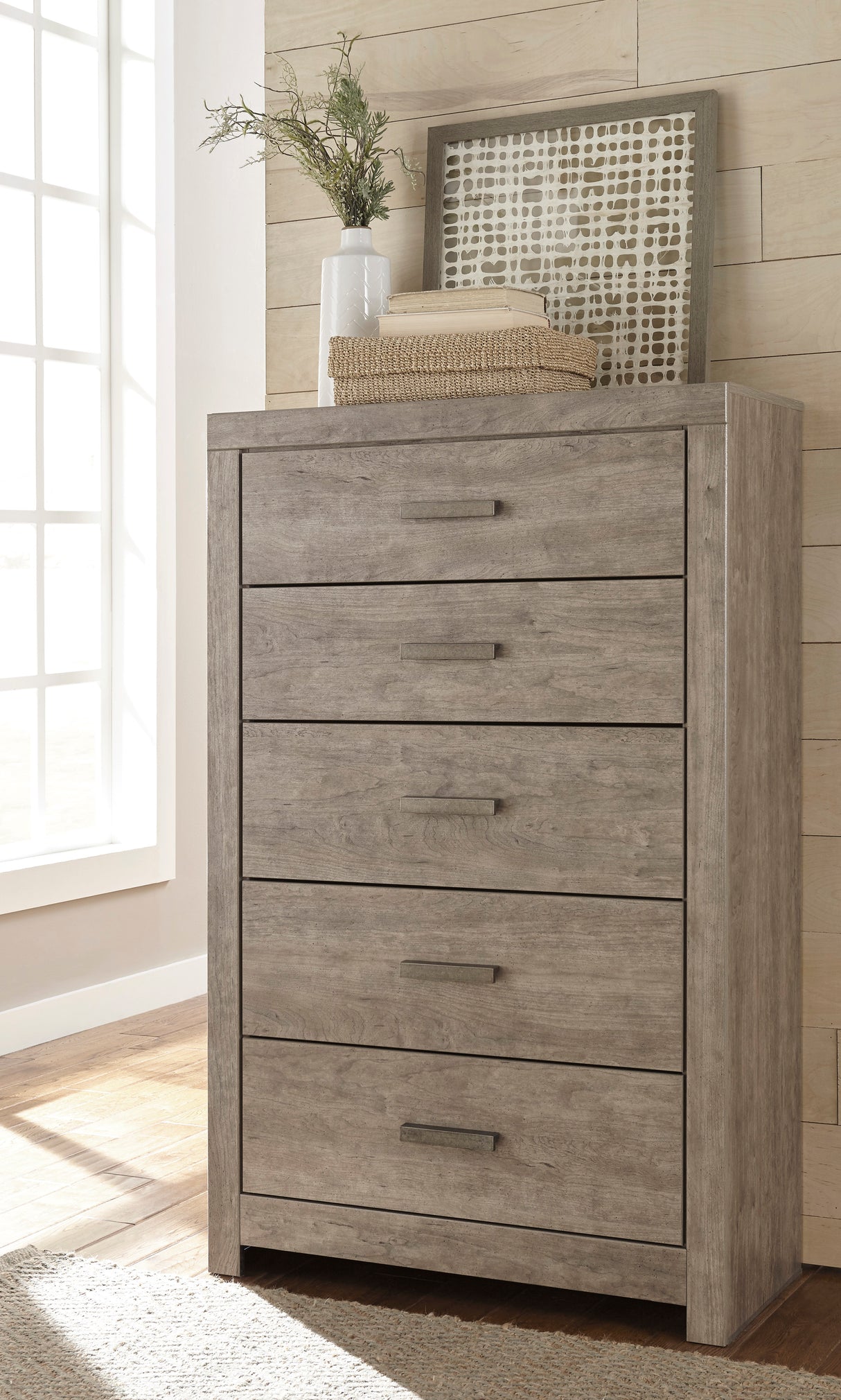 Commode à 5 tiroirs en bois et placage gris
