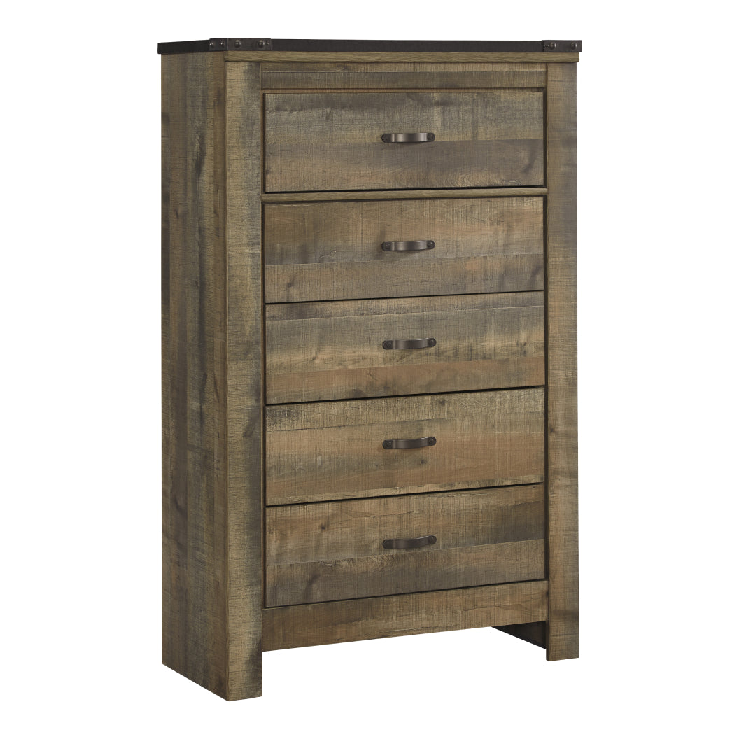 Commode à 5 tiroirs en bois et placage brun