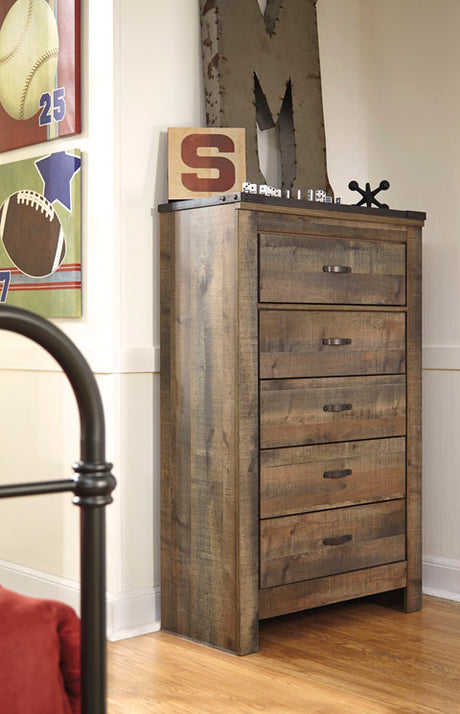 Commode à 5 tiroirs en bois et placage brun