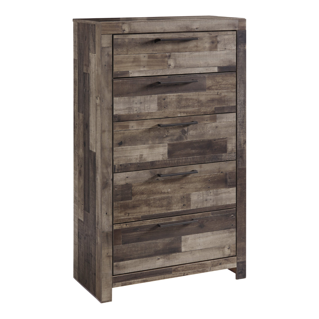 Commode à 5 tiroirs en bois et placage multi gris