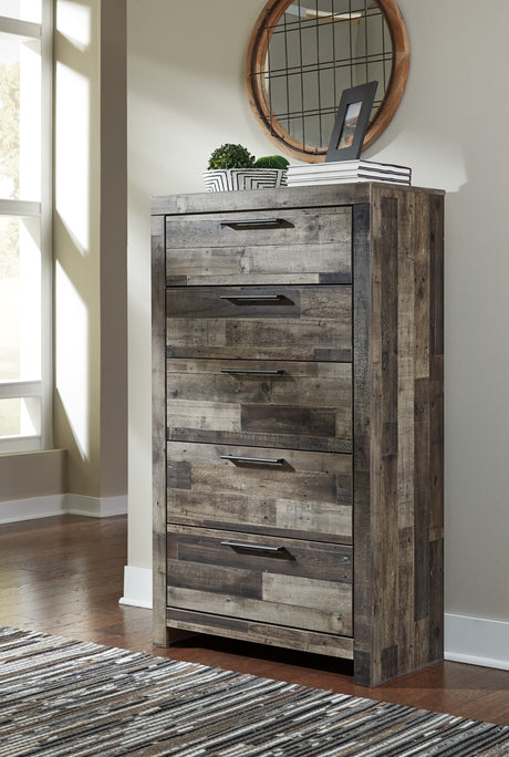 Commode à 5 tiroirs en bois et placage multi gris
