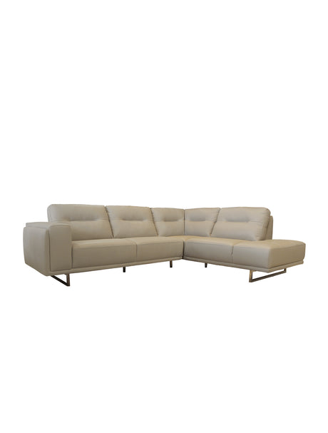 Sofa beige aspect cuir avec chaise longue à droite