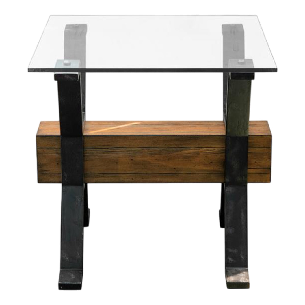 Table de bout en verre trempé, en bois et métal rustique - Sawyer