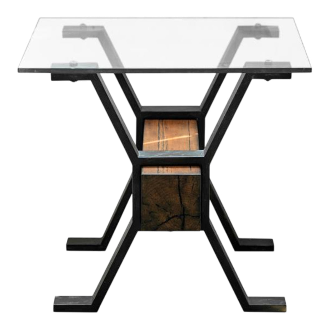 Table de bout en verre trempé, en bois et métal rustique - Sawyer