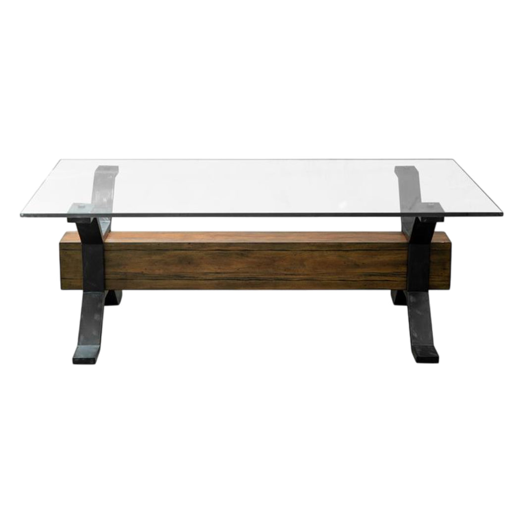 Table basse en verre trempé, en bois et métal rustique - Sawyer