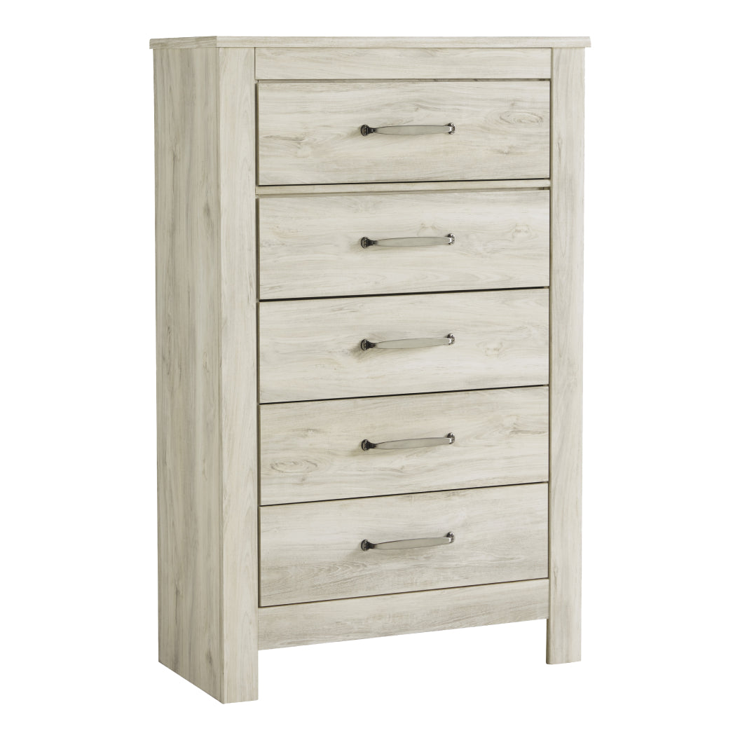 Commode à 5 tiroirs en bois et placage blanc