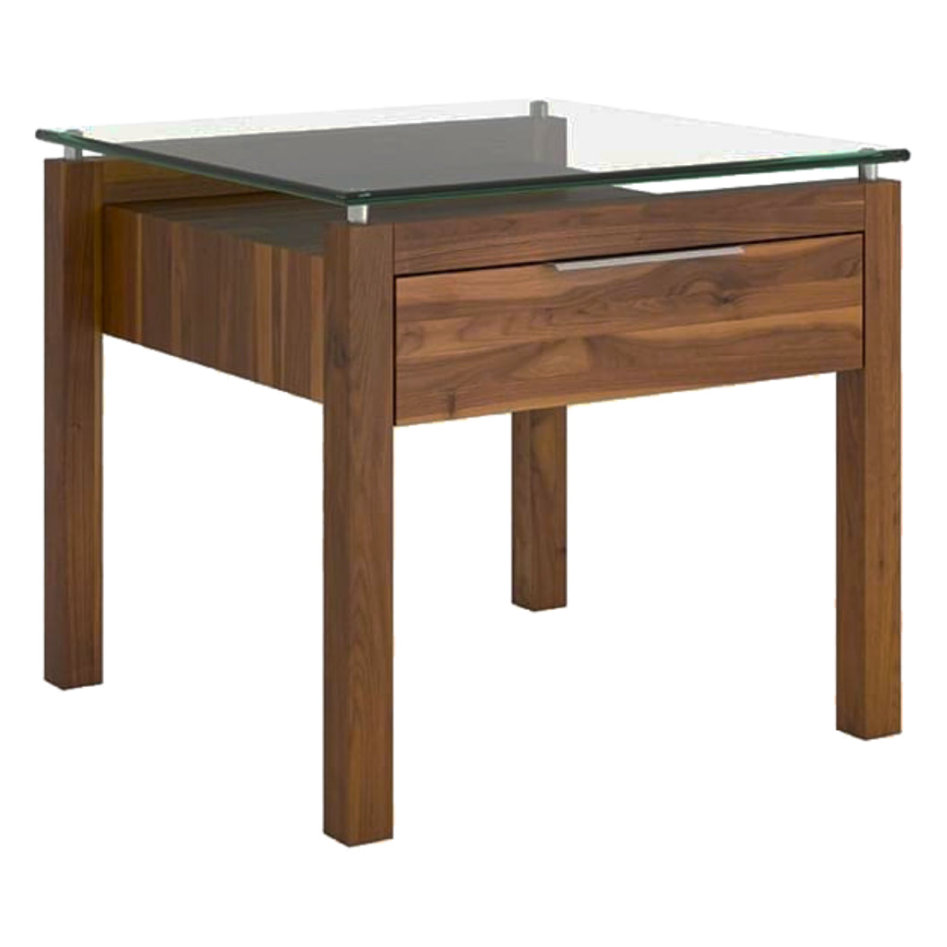 Table de bout en verre et bois de noyer avec 1 tiroir - Sara TBO 1826