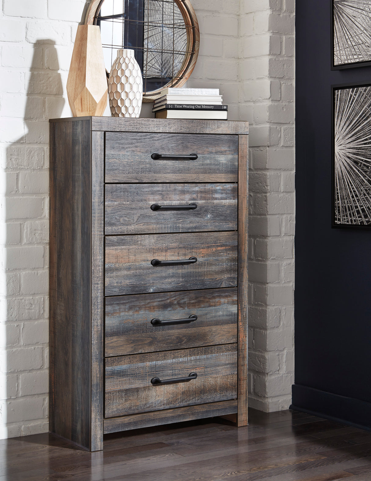 Commode à 5 tiroirs en bois et placage multi gris