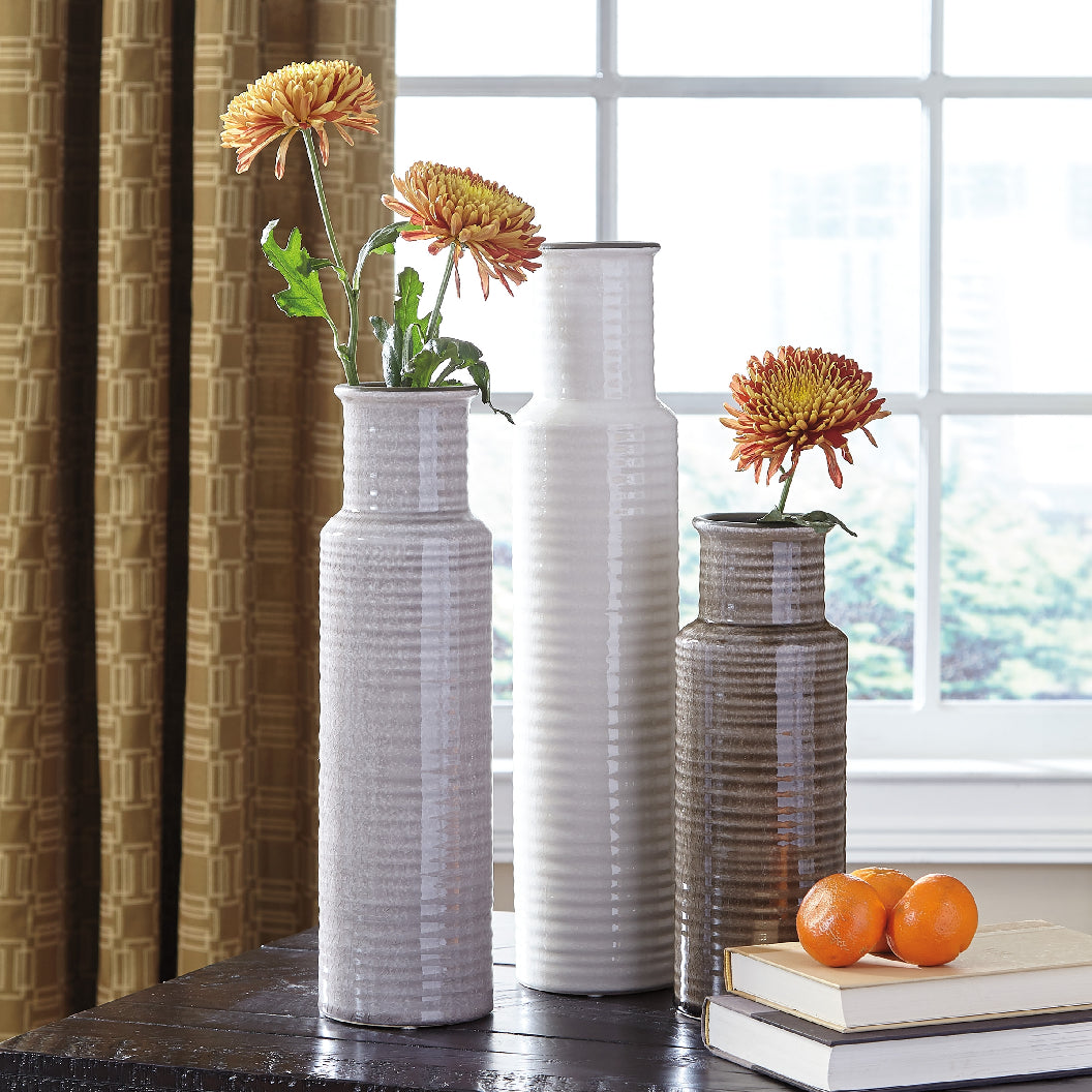 Ensemble de 3 vases en céramique blanche, grise et brune - Deus