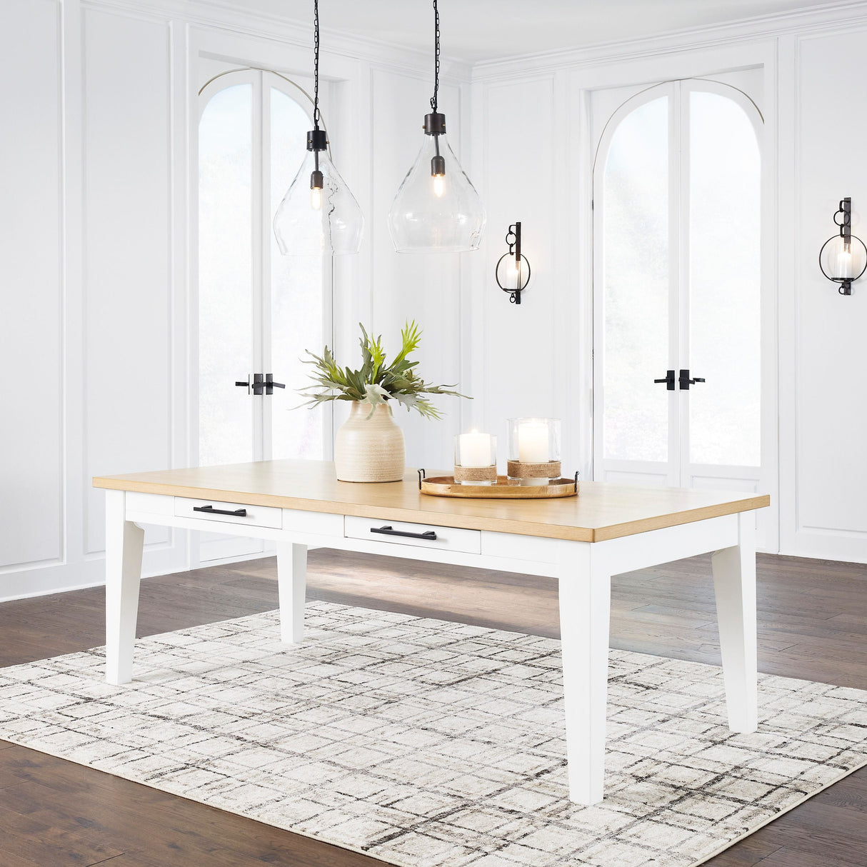 Table de salle à manger rectangulaire en bois brun blanc avec 2 tiroirs - Ashbryn
