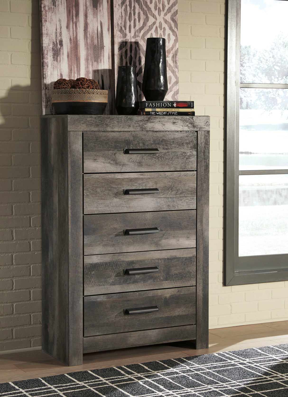 Commode à 5 tiroirs en bois et placage gris