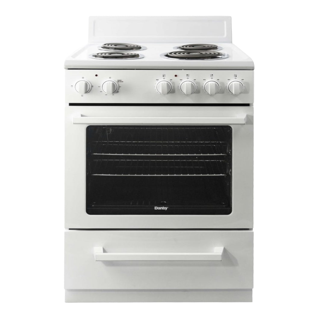 Cuisinière électrique compacte 24 po, 2,5 pi³ Blanc avec Serpentins et Cuisson uniforme