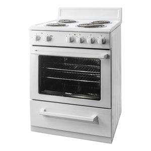 Cuisinière électrique compacte 24 po, 2,5 pi³ Blanc avec Serpentins et Cuisson uniforme