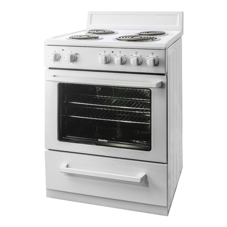 Cuisinière électrique compacte 24 po, 2,5 pi³ Blanc avec Serpentins et Cuisson uniforme