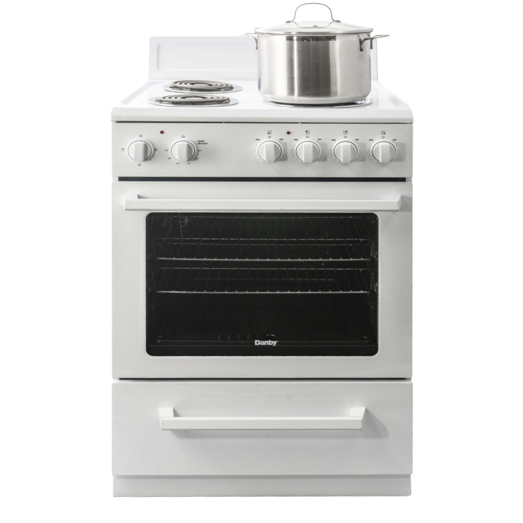 Cuisinière électrique compacte 24 po, 2,5 pi³ Blanc avec Serpentins et Cuisson uniforme