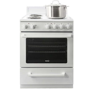 Cuisinière électrique compacte 24 po, 2,5 pi³ Blanc avec Serpentins et Cuisson uniforme