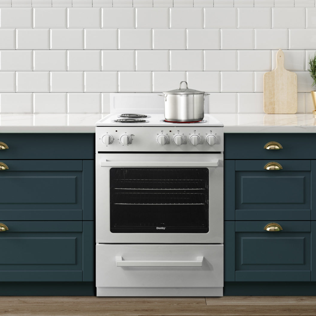Cuisinière électrique compacte 24 po, 2,5 pi³ Blanc avec Serpentins et Cuisson uniforme