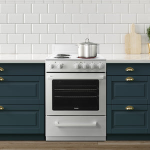 Cuisinière électrique compacte 24 po, 2,5 pi³ Blanc avec Serpentins et Cuisson uniforme