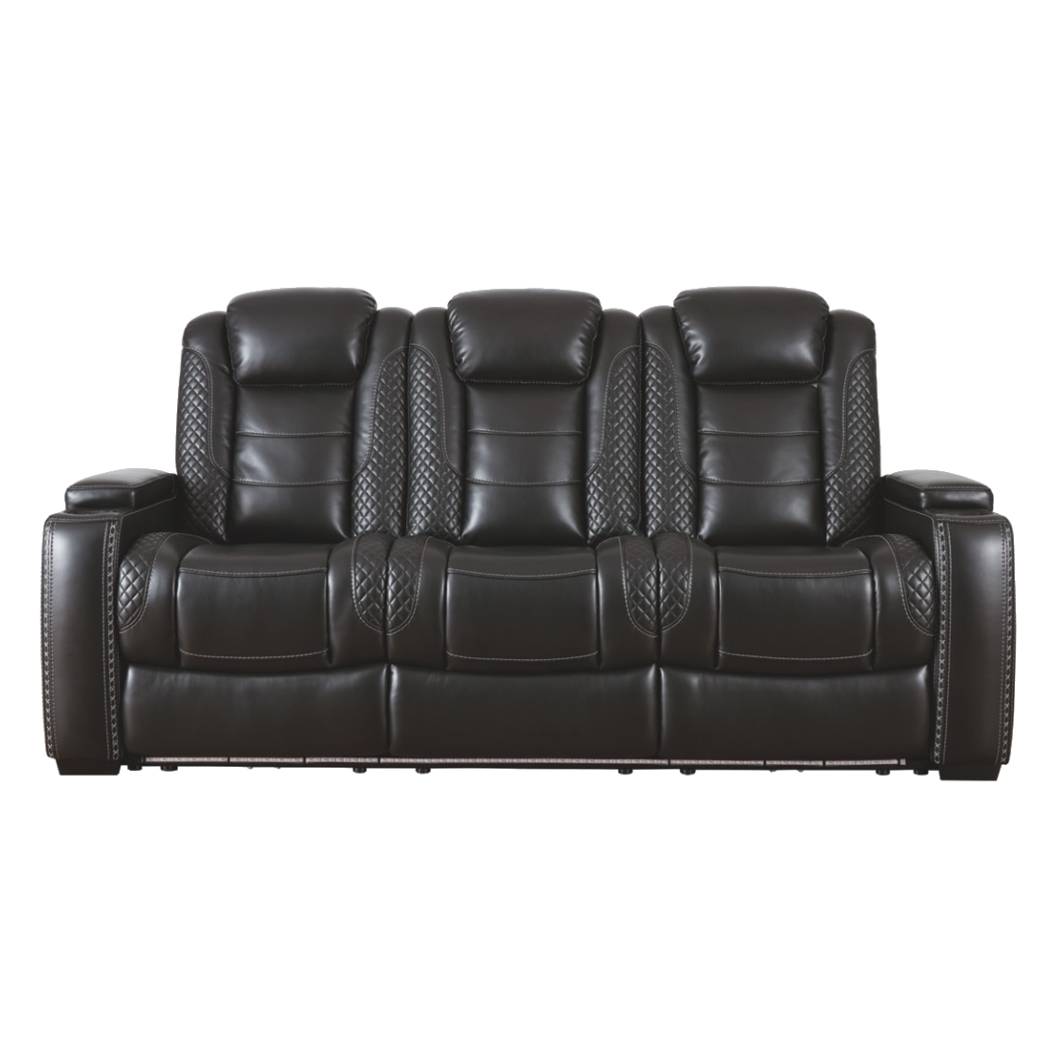 Sofa aspect cuir noir motorisé avec table rabattable - Party Time