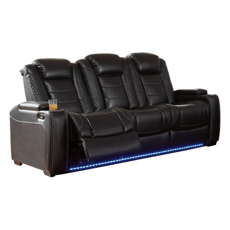 Sofa aspect cuir noir motorisé avec table rabattable - Party Time