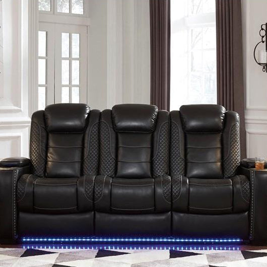 Sofa aspect cuir noir motorisé avec table rabattable - Party Time