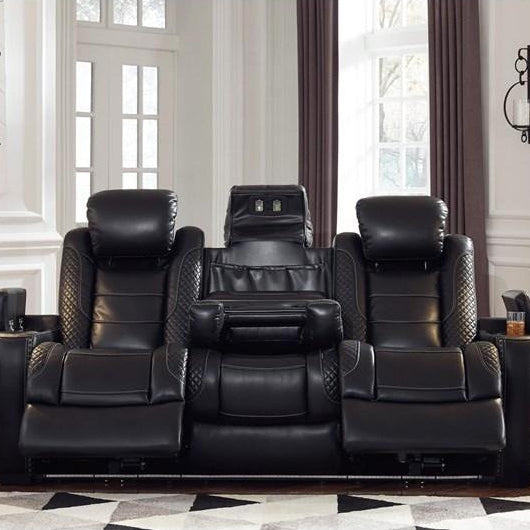 Sofa aspect cuir noir motorisé avec table rabattable - Party Time