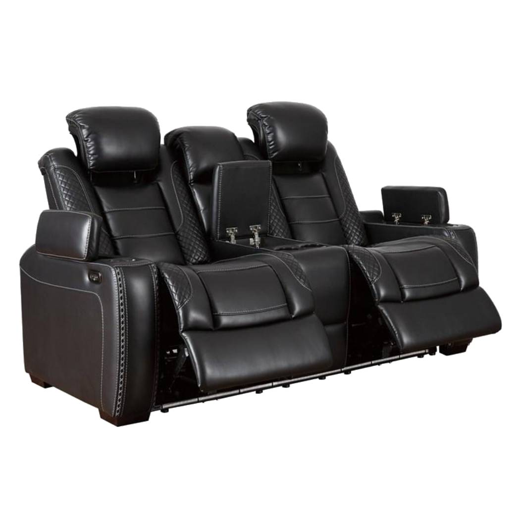 Causeuse aspect cuir noir motorisée avec console - Party Time