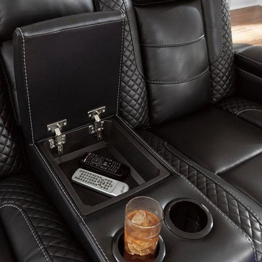 Causeuse aspect cuir noir motorisée avec console - Party Time