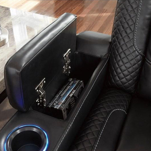 Causeuse aspect cuir noir motorisée avec console - Party Time