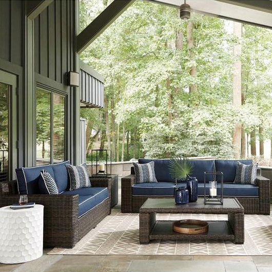 Sofa extérieur  bleu marin tissu, osier en résine - Grasson Lane