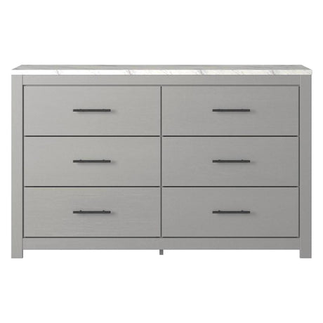 Bureau à 6 tiroirs en marbre blanc et bois gris - Cottonburg