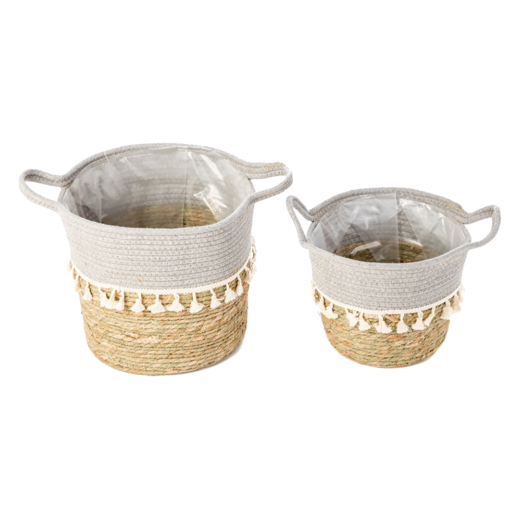 Ensemble de 2 cache-pots en jute naturel et coton gris pâle - Bollywood
