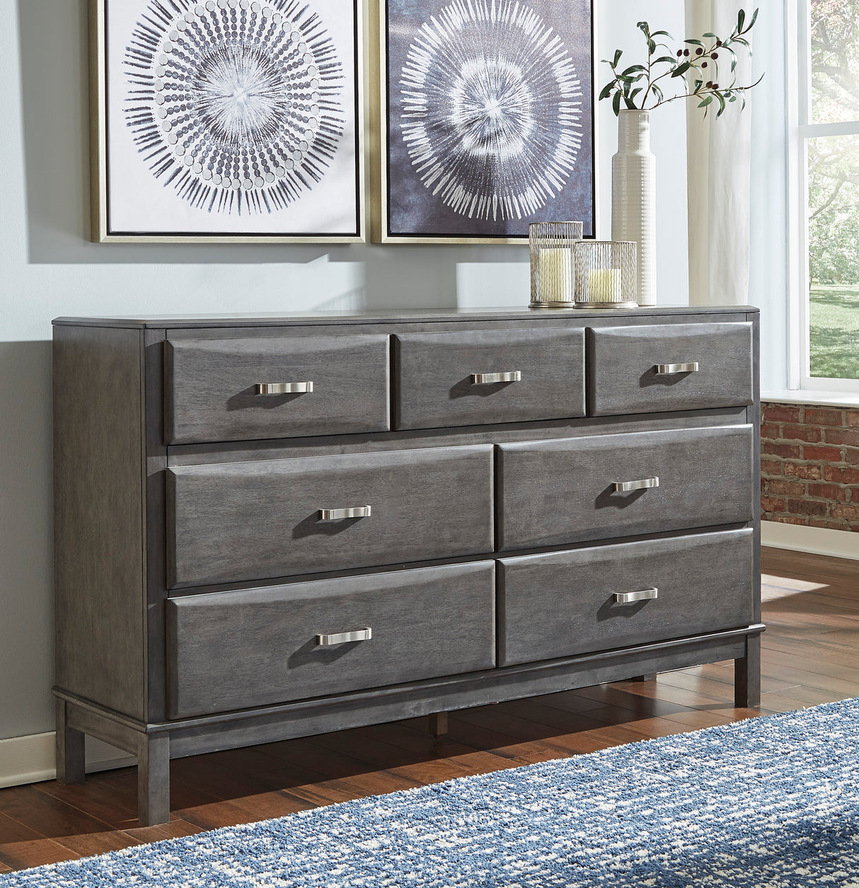 Bureau à 7 tiroirs en bois et placage gris - Caitbrook