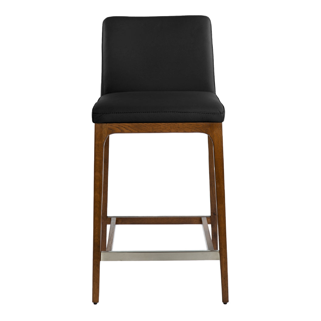 Tabouret de comptoir rembourré en cuir et bois de chêne teinte noyer - Lucia