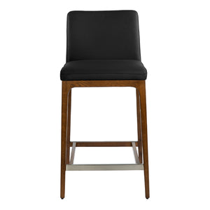 Tabouret de comptoir rembourré en cuir et bois de chêne teinte noyer - Lucia