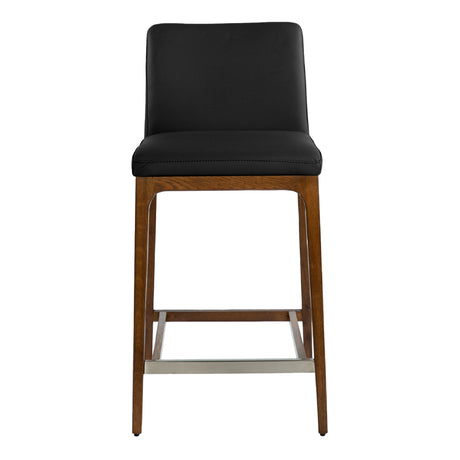 Tabouret de comptoir rembourré en cuir et bois de chêne teinte noyer - Lucia