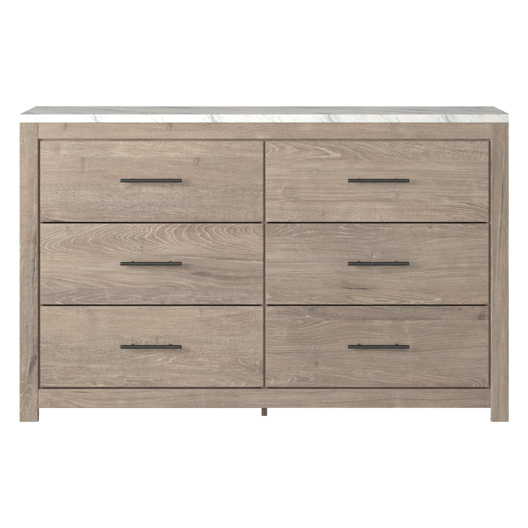 Bureau à 6 tiroirs en marbre blanc et bois brun - Senniberg