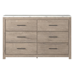 Bureau à 6 tiroirs en marbre blanc et bois brun - Senniberg