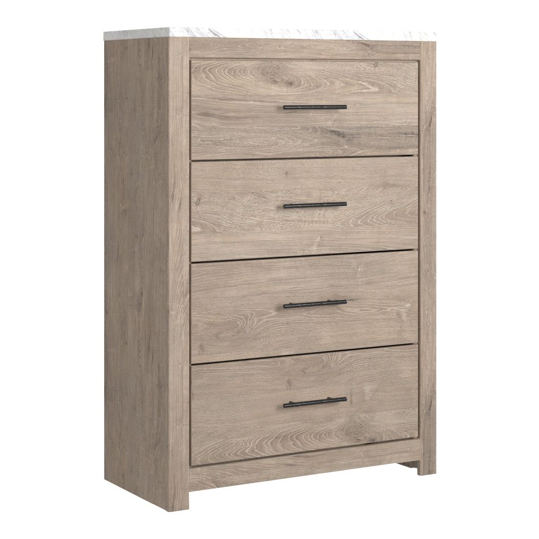 Commode à 4 tiroirs en marbre blanc et bois brun