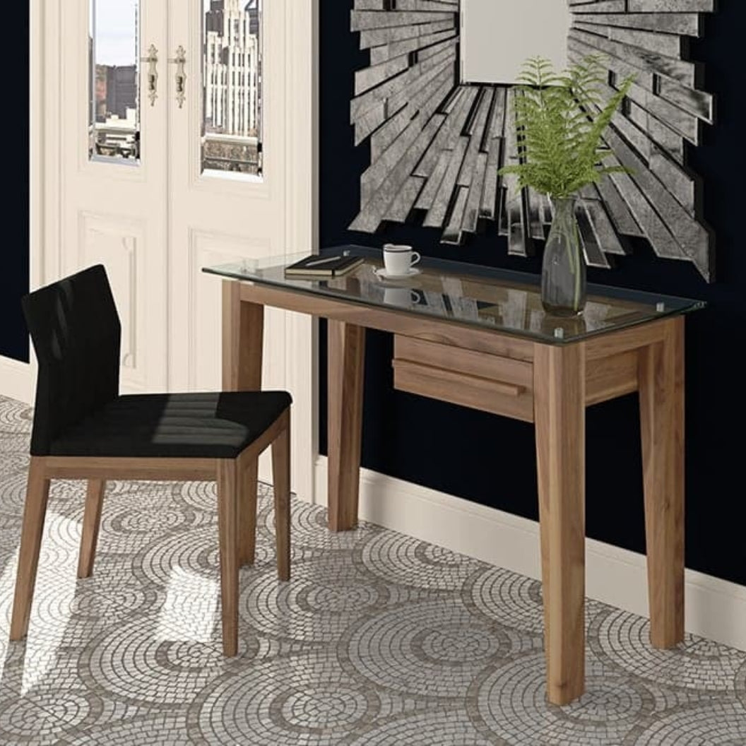 Bureau de travail en verre et bois de noyer fumé avec 1 tiroir - Teo