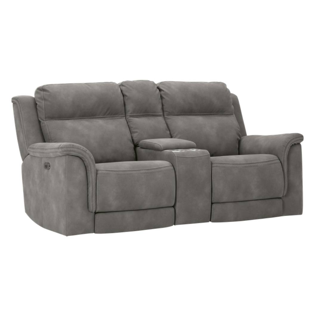 Causeuse brune grisâtre tissu motorisé avec console - Next-Gen Durapella