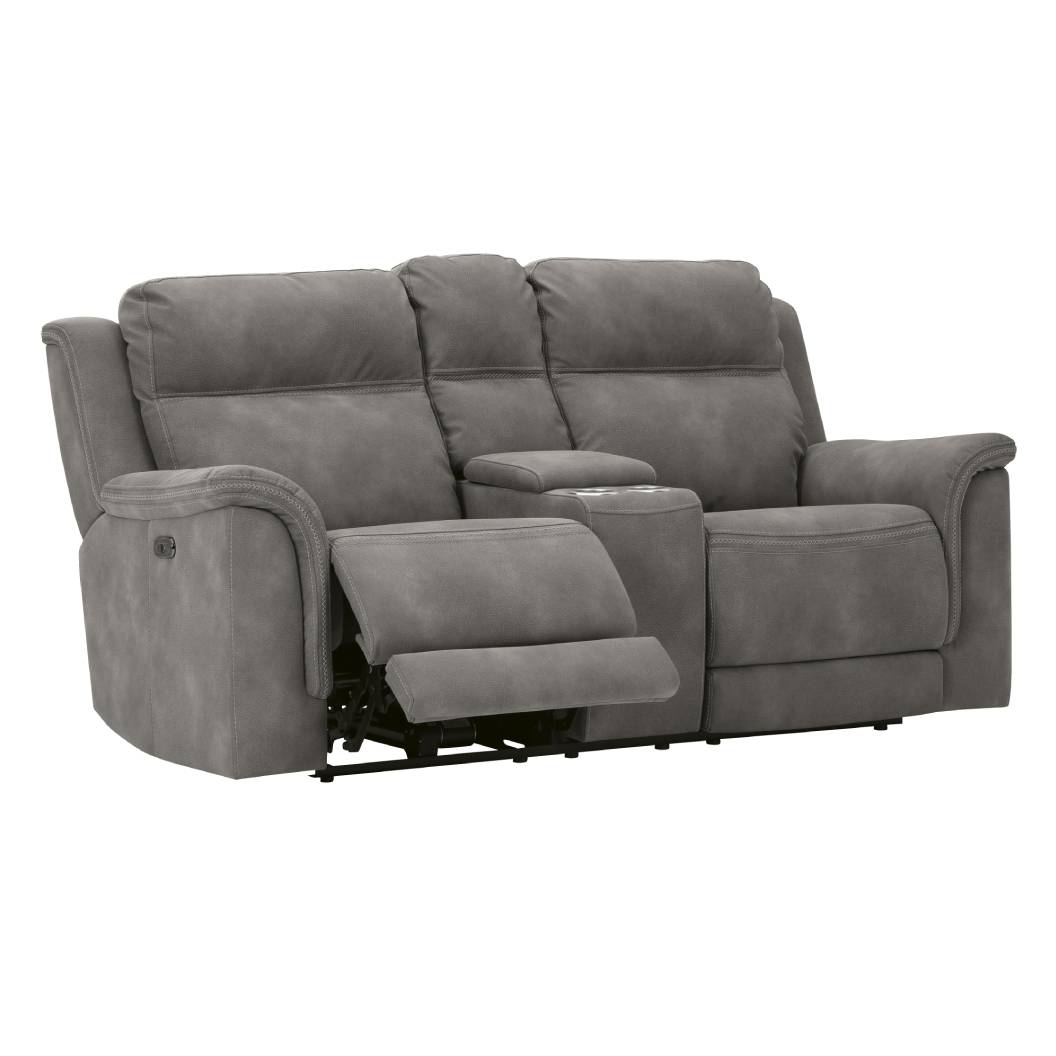 Causeuse brune grisâtre tissu motorisé avec console - Next-Gen Durapella