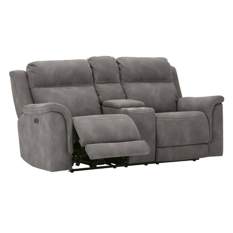 Causeuse brune grisâtre tissu motorisé avec console - Next-Gen Durapella