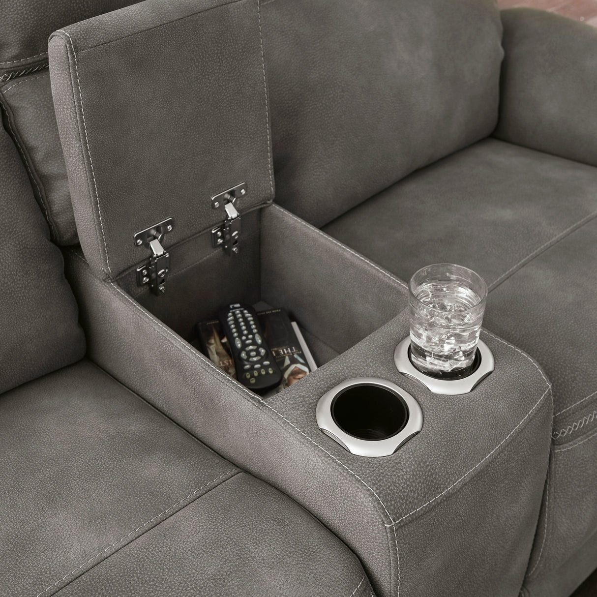 Causeuse brune grisâtre tissu motorisé avec console - Next-Gen Durapella