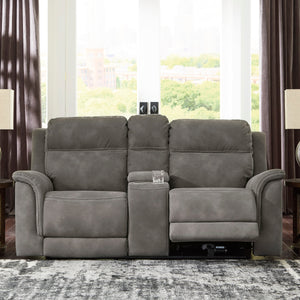 Causeuse brune grisâtre tissu motorisé avec console - Next-Gen Durapella