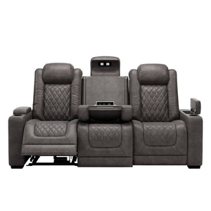 Sofa en aspect cuir brun grisâtre motorisé avec table rabattable - Hyllmont