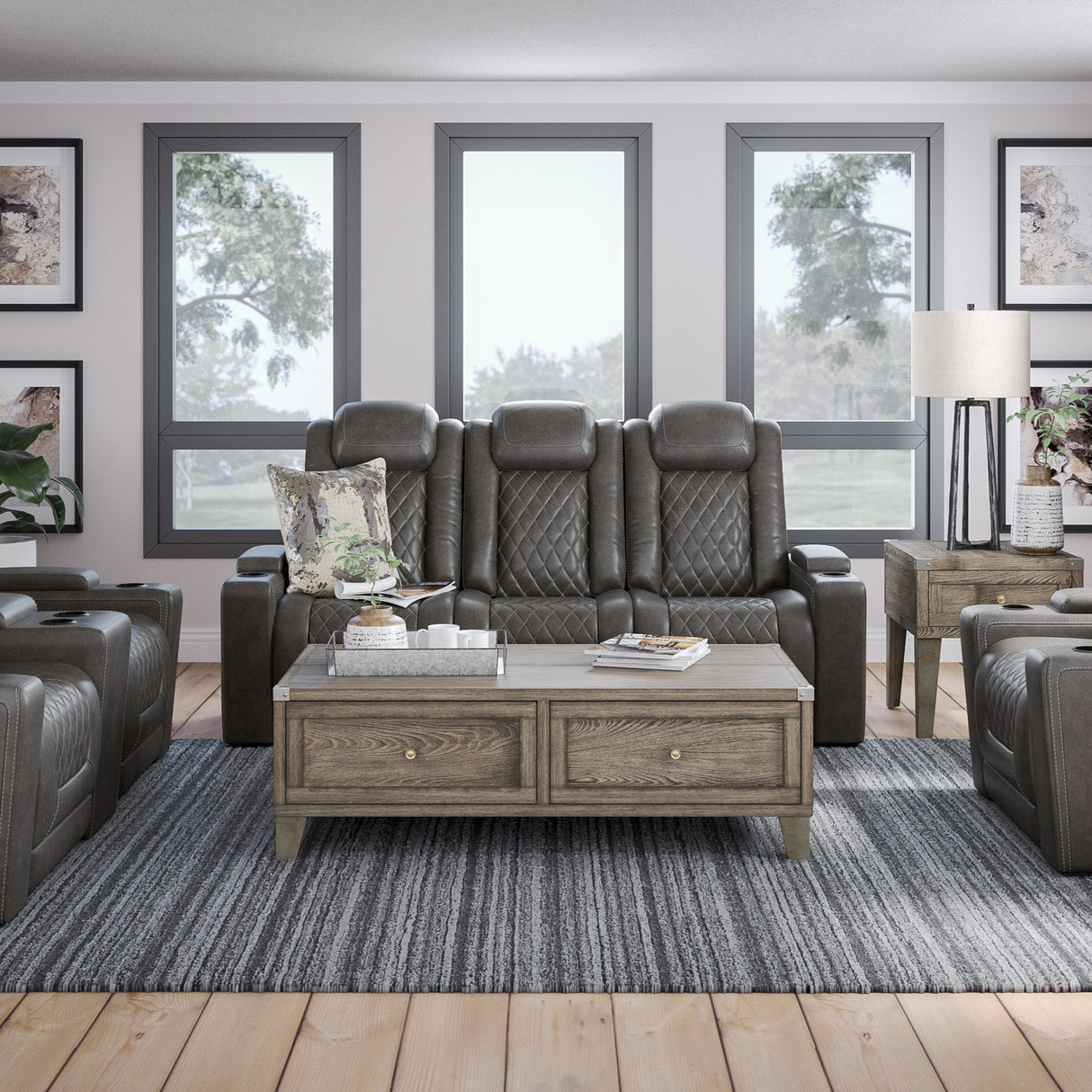 Sofa en aspect cuir brun grisâtre motorisé avec table rabattable - Hyllmont
