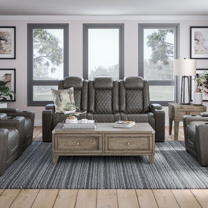 Sofa en aspect cuir brun grisâtre motorisé avec table rabattable - Hyllmont